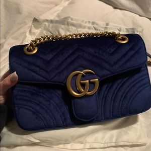 Cobalt blue velvet Gucci marmont shoulder bag